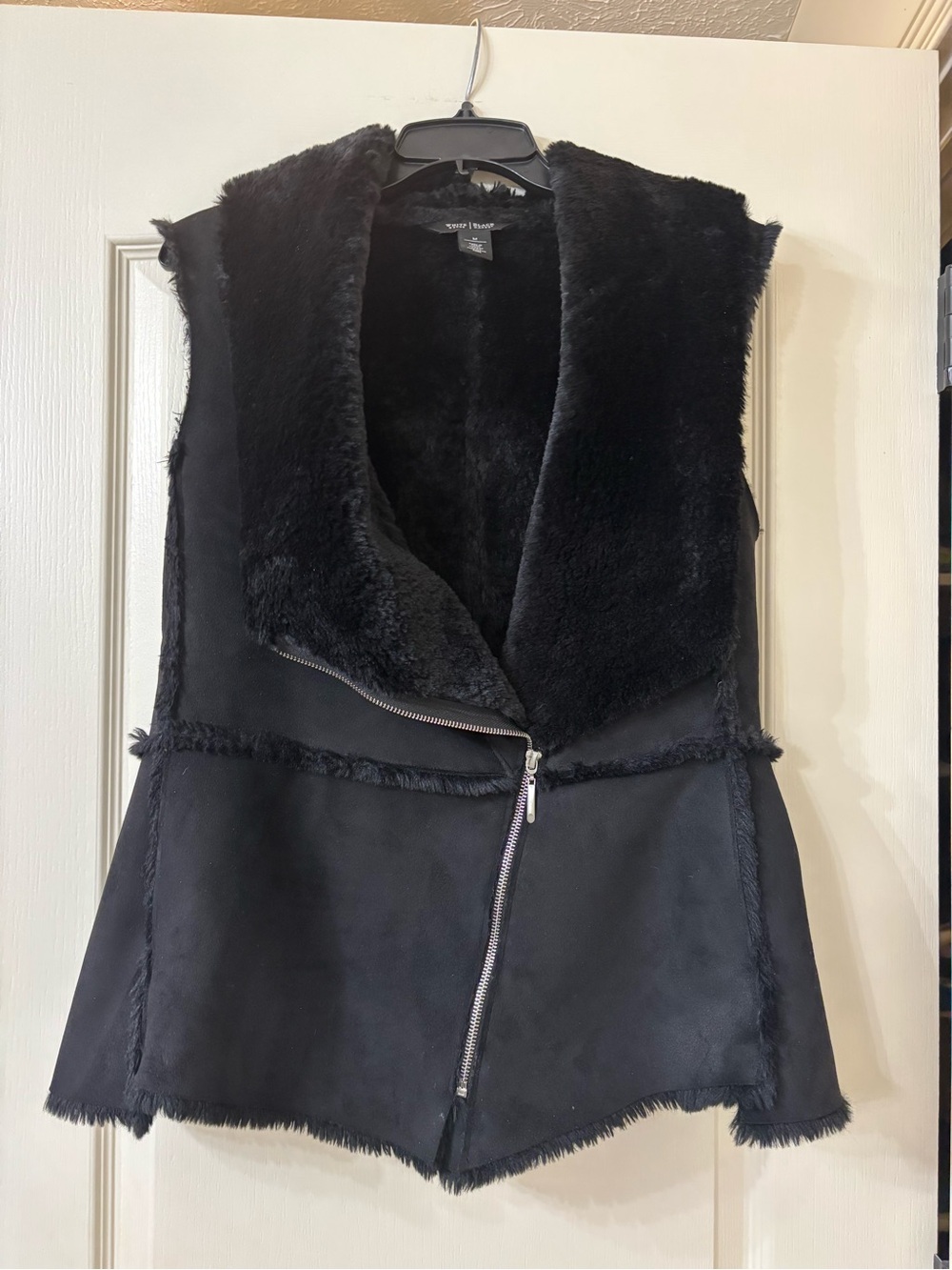 WHBM Black Faux Suede Shearling Moto Vest